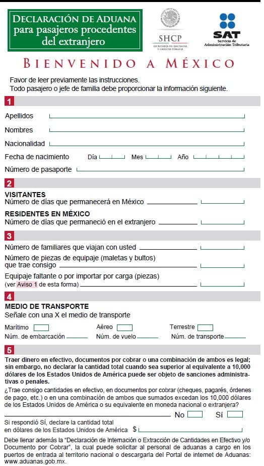 Formato de Declaración de Aduana para Pasajeros