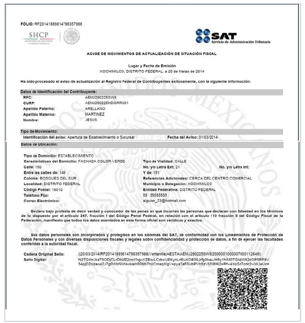 acuse de aviso de apertura de sucursal
